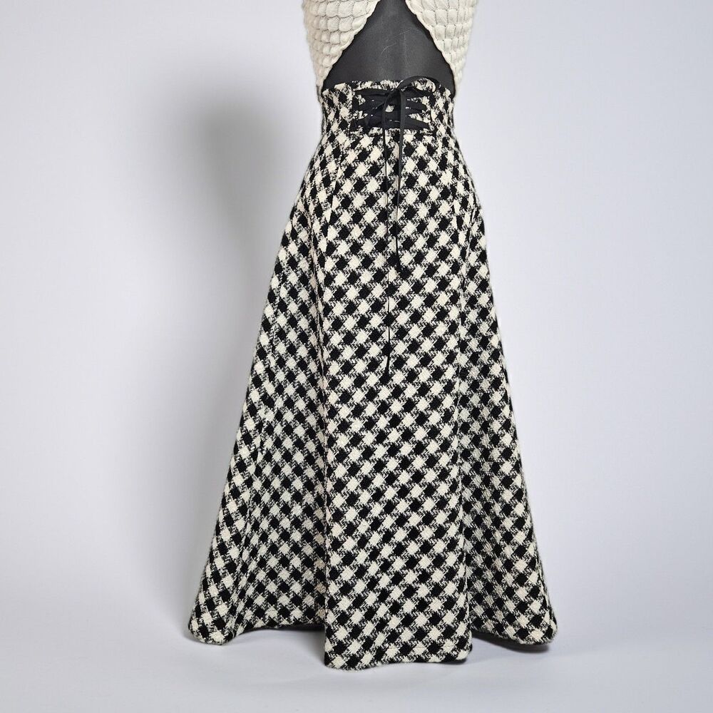 New Japanese And Couture Ribcage Tweed Check Long Skirt Thick Lined Corsette Tie